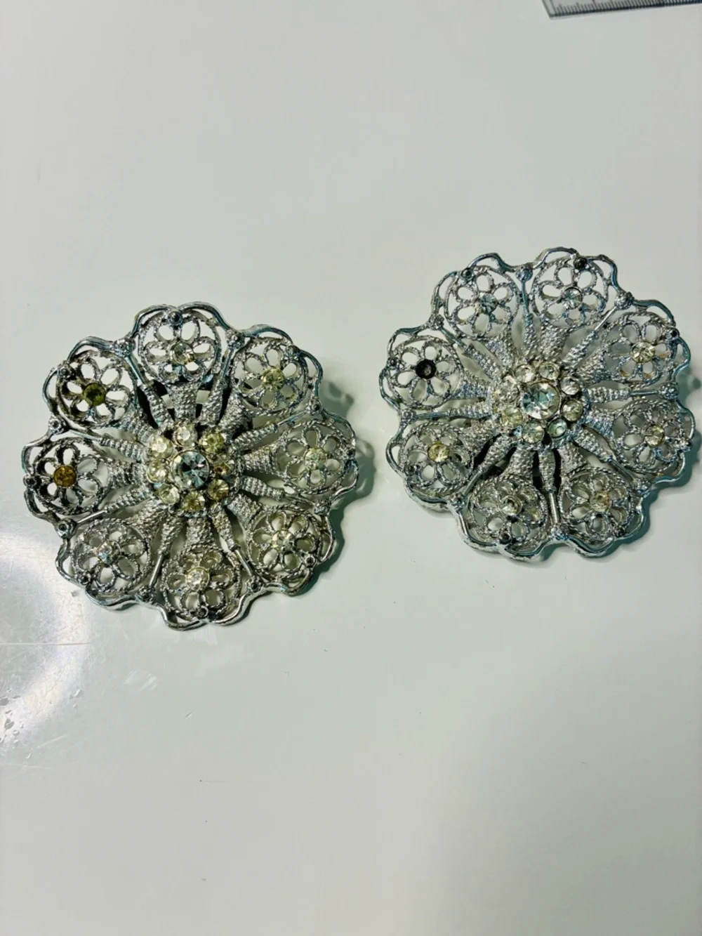 VTG Huge Silver Floral Filigree Statement Clip-On Pot Metal Shoe Clips